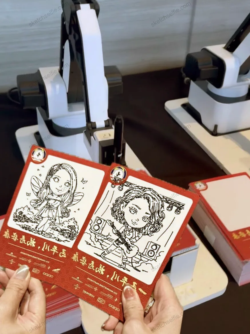 visitor holding two caricature sketches